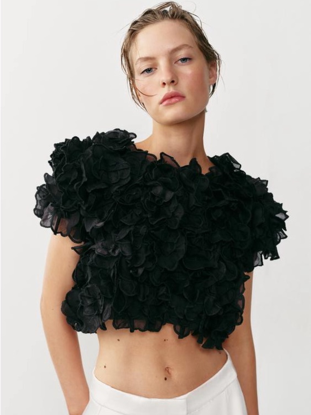 Zara Black Floral-Textured Short Sleeve Crop Top blogger fav